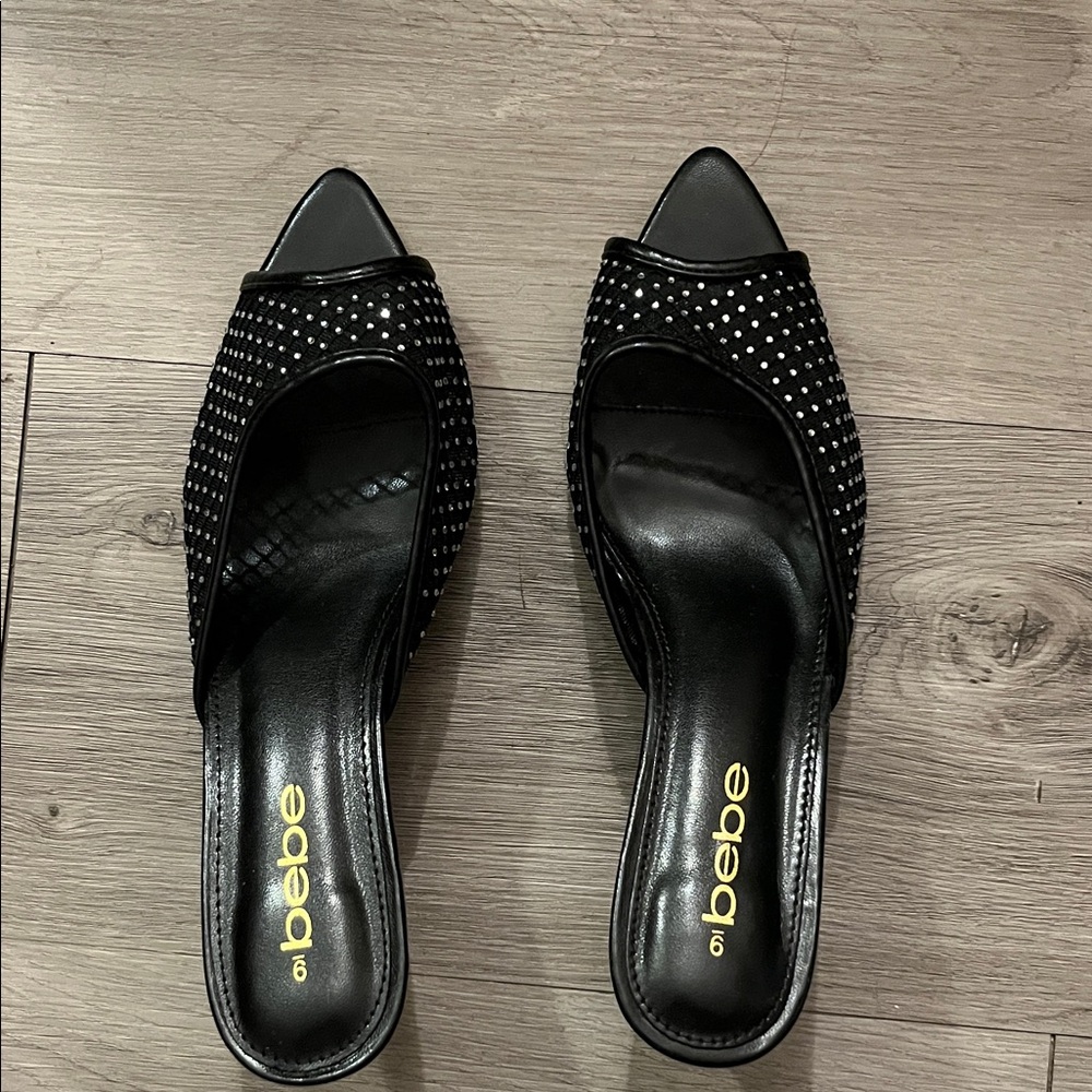 Bebe Black Rhinestone Mules